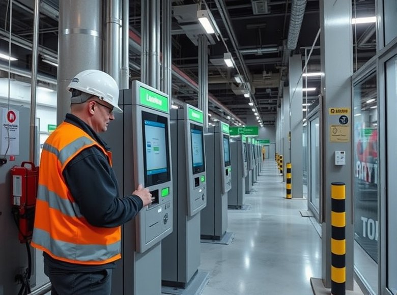 Técnico realizando el mantenimiento de un terminal de autoservicio