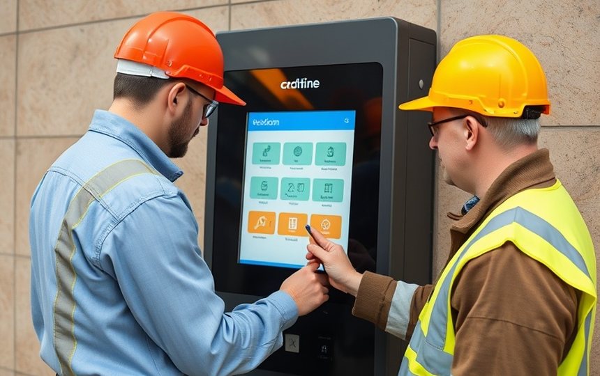 Equipo técnico trabajando sobre un terminal de autoservicio