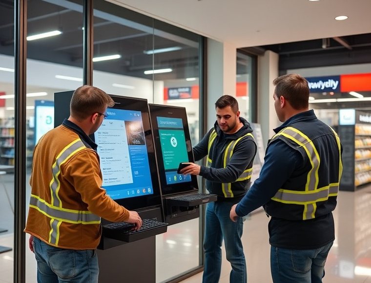 Técnico realizando el mantenimiento de un terminal de autoservicio