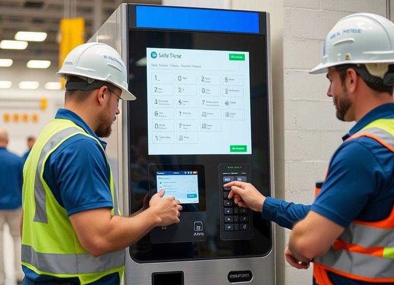 Técnico realizando el mantenimiento de un terminal de autoservicio